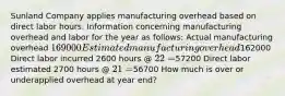 Sunland Company applies manufacturing overhead based on direct labor hours. Information concerning manufacturing overhead and labor for the year as follows: Actual manufacturing overhead 169000 Estimated manufacturing overhead162000 Direct labor incurred 2600 hours @ 22 =57200 Direct labor estimated 2700 hours @ 21 =56700 How much is over or underapplied overhead at year end?