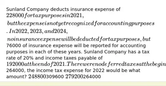 Sunland Company deducts insurance expense of 228000 for tax purposes in 2021, but the expense is not yet recognized for accounting purposes. In 2022, 2023, and 2024, no insurance expense will be deducted for tax purposes, but76000 of insurance expense will be reported for accounting purposes in each of these years. Sunland Company has a tax rate of 20% and income taxes payable of 192000 at the end of 2021. There were no deferred taxes at the beginning of 2021.Assuming that income taxes payable for 2022 is264000, the income tax expense for 2022 would be what amount? 248800309600 279200264000