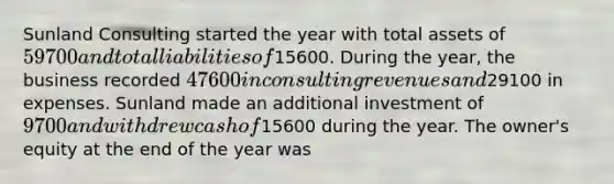 Sunland Consulting started the year with total assets of 59700 and total liabilities of15600. During the year, the business recorded 47600 in consulting revenues and29100 in expenses. Sunland made an additional investment of 9700 and withdrew cash of15600 during the year. The owner's equity at the end of the year was