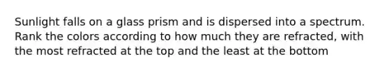 Sunlight falls on a glass prism and is dispersed into a spectrum. Rank the colors according to how much they are refracted, with the most refracted at the top and the least at the bottom