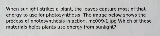 When sunlight strikes a plant, the leaves capture most of that energy to use for photosynthesis. The image below shows the <a href='https://www.questionai.com/knowledge/kZdL6DGYI4-process-of-photosynthesis' class='anchor-knowledge'>process of photosynthesis</a> in action. mc009-1.jpg Which of these materials helps plants use energy from sunlight?