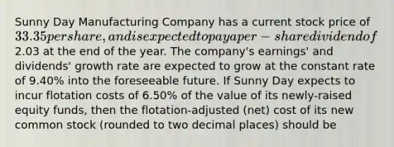 Sunny Day Manufacturing Company has a current stock price of 33.35 per share, and is expected to pay a per-share dividend of2.03 at the end of the year. The company's earnings' and dividends' growth rate are expected to grow at the constant rate of 9.40% into the foreseeable future. If Sunny Day expects to incur flotation costs of 6.50% of the value of its newly-raised equity funds, then the flotation-adjusted (net) cost of its new common stock (rounded to two decimal places) should be