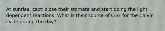 At sunrise, cacti close their stomata and start doing the light dependent reactions. What is their source of CO2 for the Calvin cycle during the day?