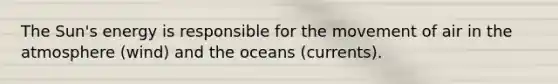 The Sun's energy is responsible for the movement of air in the atmosphere (wind) and the oceans (currents).