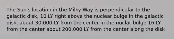 The Sun's location in the Milky Way is perpendicular to the galactic disk, 10 LY right above the nuclear bulge in the galactic disk, about 30,000 LY from the center in the nuclar bulge 16 LY from the center about 200,000 LY from the center along the disk