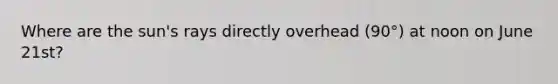 Where are the sun's rays directly overhead (90°) at noon on June 21st?