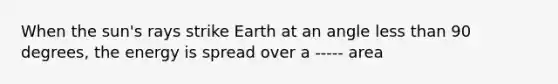 When the sun's rays strike Earth at an angle <a href='https://www.questionai.com/knowledge/k7BtlYpAMX-less-than' class='anchor-knowledge'>less than</a> 90 degrees, the energy is spread over a ----- area