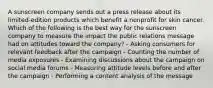 A sunscreen company sends out a press release about its limited-edition products which benefit a nonprofit for skin cancer. Which of the following is the best way for the sunscreen company to measure the impact the public relations message had on attitudes toward the company? - Asking consumers for relevant feedback after the campaign - Counting the number of media exposures - Examining discussions about the campaign on social media forums - Measuring attitude levels before and after the campaign - Performing a content analysis of the message