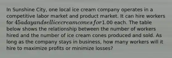 In Sunshine City, one local ice cream company operates in a competitive labor market and product market. It can hire workers for 45 a day and sell ice cream cones for1.00 each. The table below shows the relationship between the number of workers hired and the number of ice cream cones produced and sold. As long as the company stays in business, how many workers will it hire to maximize profits or minimize losses?