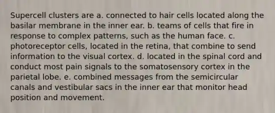 Supercell clusters are a. connected to hair cells located along the basilar membrane in the inner ear. b. teams of cells that fire in response to complex patterns, such as the human face. c. photoreceptor cells, located in the retina, that combine to send information to the visual cortex. d. located in the spinal cord and conduct most pain signals to the somatosensory cortex in the parietal lobe. e. combined messages from the semicircular canals and vestibular sacs in the inner ear that monitor head position and movement.