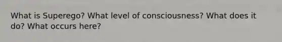 What is Superego? What level of consciousness? What does it do? What occurs here?