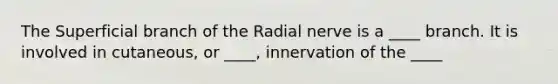 The Superficial branch of the Radial nerve is a ____ branch. It is involved in cutaneous, or ____, innervation of the ____