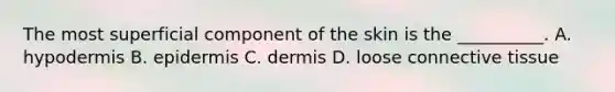 The most superficial component of the skin is the __________. A. hypodermis B. epidermis C. dermis D. loose connective tissue