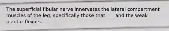 The superficial fibular nerve innervates the lateral compartment muscles of the leg, specifically those that ___ and the weak plantar flexors.