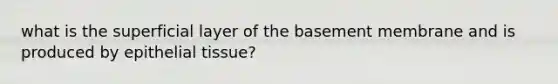 what is the superficial layer of the basement membrane and is produced by <a href='https://www.questionai.com/knowledge/k7dms5lrVY-epithelial-tissue' class='anchor-knowledge'>epithelial tissue</a>?