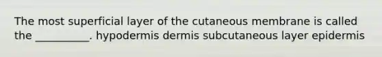 The most superficial layer of the cutaneous membrane is called the __________. hypodermis dermis subcutaneous layer epidermis