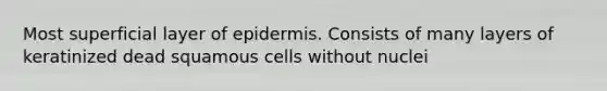 Most superficial layer of epidermis. Consists of many layers of keratinized dead squamous cells without nuclei