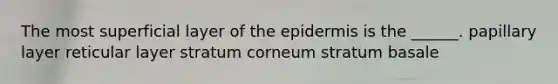 The most superficial layer of the epidermis is the ______. papillary layer reticular layer stratum corneum stratum basale