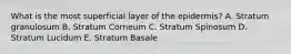 What is the most superficial layer of the epidermis? A. Stratum granulosum B. Stratum Corneum C. Stratum Spinosum D. Stratum Lucidum E. Stratum Basale