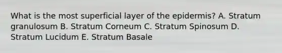 What is the most superficial layer of the epidermis? A. Stratum granulosum B. Stratum Corneum C. Stratum Spinosum D. Stratum Lucidum E. Stratum Basale