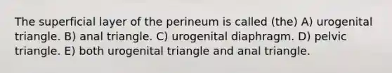 The superficial layer of the perineum is called (the) A) urogenital triangle. B) anal triangle. C) urogenital diaphragm. D) pelvic triangle. E) both urogenital triangle and anal triangle.