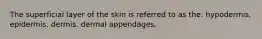 The superficial layer of the skin is referred to as the: hypodermis. epidermis. dermis. dermal appendages.