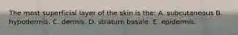 The most superficial layer of the skin is the: A. subcutaneous B. hypodermis. C. dermis. D. stratum basale. E. epidermis.