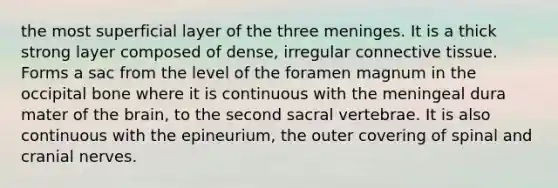 the most superficial layer of the three meninges. It is a thick strong layer composed of dense, irregular connective tissue. Forms a sac from the level of the foramen magnum in the occipital bone where it is continuous with the meningeal dura mater of the brain, to the second sacral vertebrae. It is also continuous with the epineurium, the outer covering of spinal and cranial nerves.