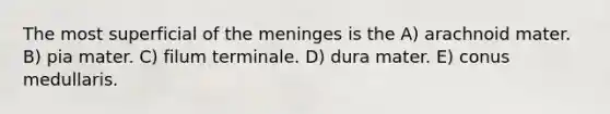 The most superficial of the meninges is the A) arachnoid mater. B) pia mater. C) filum terminale. D) dura mater. E) conus medullaris.