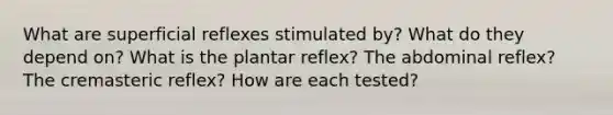 What are superficial reflexes stimulated by? What do they depend on? What is the plantar reflex? The abdominal reflex? The cremasteric reflex? How are each tested?