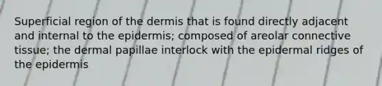 Superficial region of the dermis that is found directly adjacent and internal to the epidermis; composed of areolar connective tissue; the dermal papillae interlock with the epidermal ridges of the epidermis