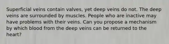 Superficial veins contain valves, yet deep veins do not. The deep veins are surrounded by muscles. People who are inactive may have problems with their veins. Can you propose a mechanism by which blood from the deep veins can be returned to the heart?