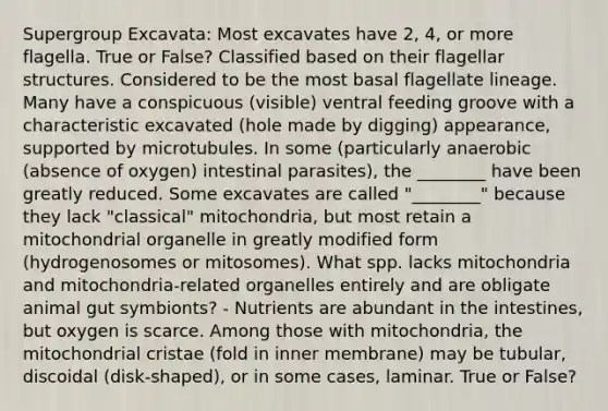 Supergroup Excavata: Most excavates have 2, 4, or more flagella. True or False? Classified based on their flagellar structures. Considered to be the most basal flagellate lineage. Many have a conspicuous (visible) ventral feeding groove with a characteristic excavated (hole made by digging) appearance, supported by microtubules. In some (particularly anaerobic (absence of oxygen) intestinal parasites), the ________ have been greatly reduced. Some excavates are called "________" because they lack "classical" mitochondria, but most retain a mitochondrial organelle in greatly modified form (hydrogenosomes or mitosomes). What spp. lacks mitochondria and mitochondria-related organelles entirely and are obligate animal gut symbionts? - Nutrients are abundant in the intestines, but oxygen is scarce. Among those with mitochondria, the mitochondrial cristae (fold in inner membrane) may be tubular, discoidal (disk-shaped), or in some cases, laminar. True or False?