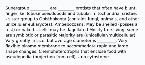 Supergroup _________ are ________ protists that often have blunt, fingerlike, lobose pseudopods and tubular mitochondrial cristae. - sister group to Opisthokonta (contains fungi, animals, and other unicellular eukaryotes). Amoebozoans: May be shelled (posses a test) or naked. - cells may be flagellated Mostly free-living, some are symbiotic or parasitic Majority are (unicellular/multicellular). Vary greatly in size, but average diameter is _________. Very flexible plasma membrane to accommodate rapid and large shape changes. Chemoheterotrophs that enclose food with pseudopodia (projection from cell). - no cytostome