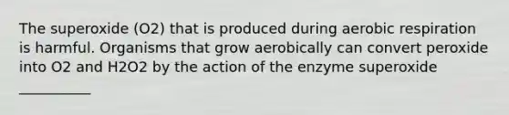 The superoxide (O2) that is produced during <a href='https://www.questionai.com/knowledge/kyxGdbadrV-aerobic-respiration' class='anchor-knowledge'>aerobic respiration</a> is harmful. Organisms that grow aerobically can convert peroxide into O2 and H2O2 by the action of the enzyme superoxide __________