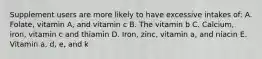 Supplement users are more likely to have excessive intakes of: A. Folate, vitamin A, and vitamin c B. The vitamin b C. Calcium, iron, vitamin c and thiamin D. Iron, zinc, vitamin a, and niacin E. Vitamin a, d, e, and k