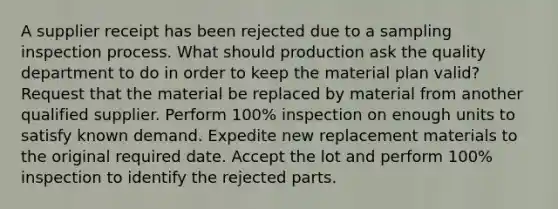 A supplier receipt has been rejected due to a sampling inspection process. What should production ask the quality department to do in order to keep the material plan valid? Request that the material be replaced by material from another qualified supplier. Perform 100% inspection on enough units to satisfy known demand. Expedite new replacement materials to the original required date. Accept the lot and perform 100% inspection to identify the rejected parts.