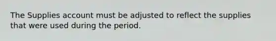 The Supplies account must be adjusted to reflect the supplies that were used during the period.