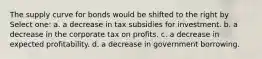 The supply curve for bonds would be shifted to the right by Select one: a. a decrease in tax subsidies for investment. b. a decrease in the corporate tax on profits. c. a decrease in expected profitability. d. a decrease in government borrowing.