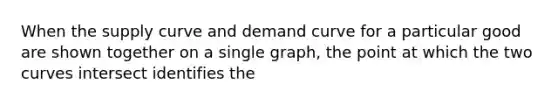 When the supply curve and demand curve for a particular good are shown together on a single graph, the point at which the two curves intersect identifies the