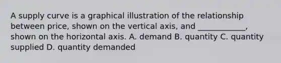 A supply curve is a graphical illustration of the relationship between price, shown on the vertical axis, and ____________, shown on the horizontal axis. A. demand B. quantity C. quantity supplied D. quantity demanded