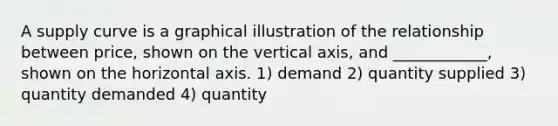 A supply curve is a graphical illustration of the relationship between price, shown on the vertical axis, and ____________, shown on the horizontal axis. 1) demand 2) quantity supplied 3) quantity demanded 4) quantity