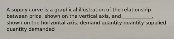 A supply curve is a graphical illustration of the relationship between price, shown on the vertical axis, and ____________, shown on the horizontal axis. demand quantity quantity supplied quantity demanded