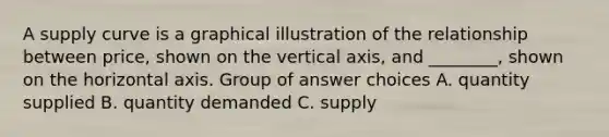 A supply curve is a graphical illustration of the relationship between price, shown on the vertical axis, and ________, shown on the horizontal axis. Group of answer choices A. quantity supplied B. quantity demanded C. supply