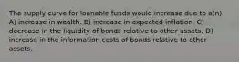 The supply curve for loanable funds would increase due to a(n) A) increase in wealth. B) increase in expected inflation. C) decrease in the liquidity of bonds relative to other assets. D) increase in the information costs of bonds relative to other assets.