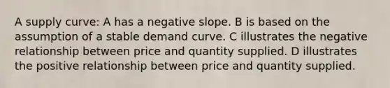 A supply curve: A has a negative slope. B is based on the assumption of a stable demand curve. C illustrates the negative relationship between price and quantity supplied. D illustrates the positive relationship between price and quantity supplied.