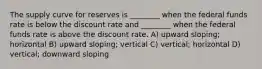 The supply curve for reserves is ________ when the federal funds rate is below the discount rate and ________ when the federal funds rate is above the discount rate. A) upward sloping; horizontal B) upward sloping; vertical C) vertical; horizontal D) vertical; downward sloping