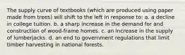 The supply curve of textbooks (which are produced using paper made from trees) will shift to the left in response to: a. a decline in college tuition. b. a sharp increase in the demand for and construction of wood-frame homes. c. an increase in the supply of lumberjacks. d. an end to government regulations that limit timber harvesting in national forests.