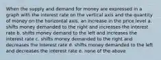 When the supply and demand for money are expressed in a graph with the interest rate on the vertical axis and the quantity of money on the horizontal axis, an increase in the price level a. shifts money demanded to the right and increases the interest rate b. shifts money demand to the left and increases the interest rate c. shifts money demanded to the right and decreases the interest rate d. shifts money demanded to the left and decreases the interest rate e. none of the above