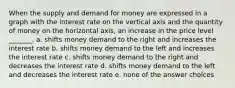 When the supply and demand for money are expressed in a graph with the interest rate on the vertical axis and the quantity of money on the horizontal axis, an increase in the price level _______. a. shifts money demand to the right and increases the interest rate b. shifts money demand to the left and increases the interest rate c. shifts money demand to the right and decreases the interest rate d. shifts money demand to the left and decreases the interest rate e. none of the answer choices